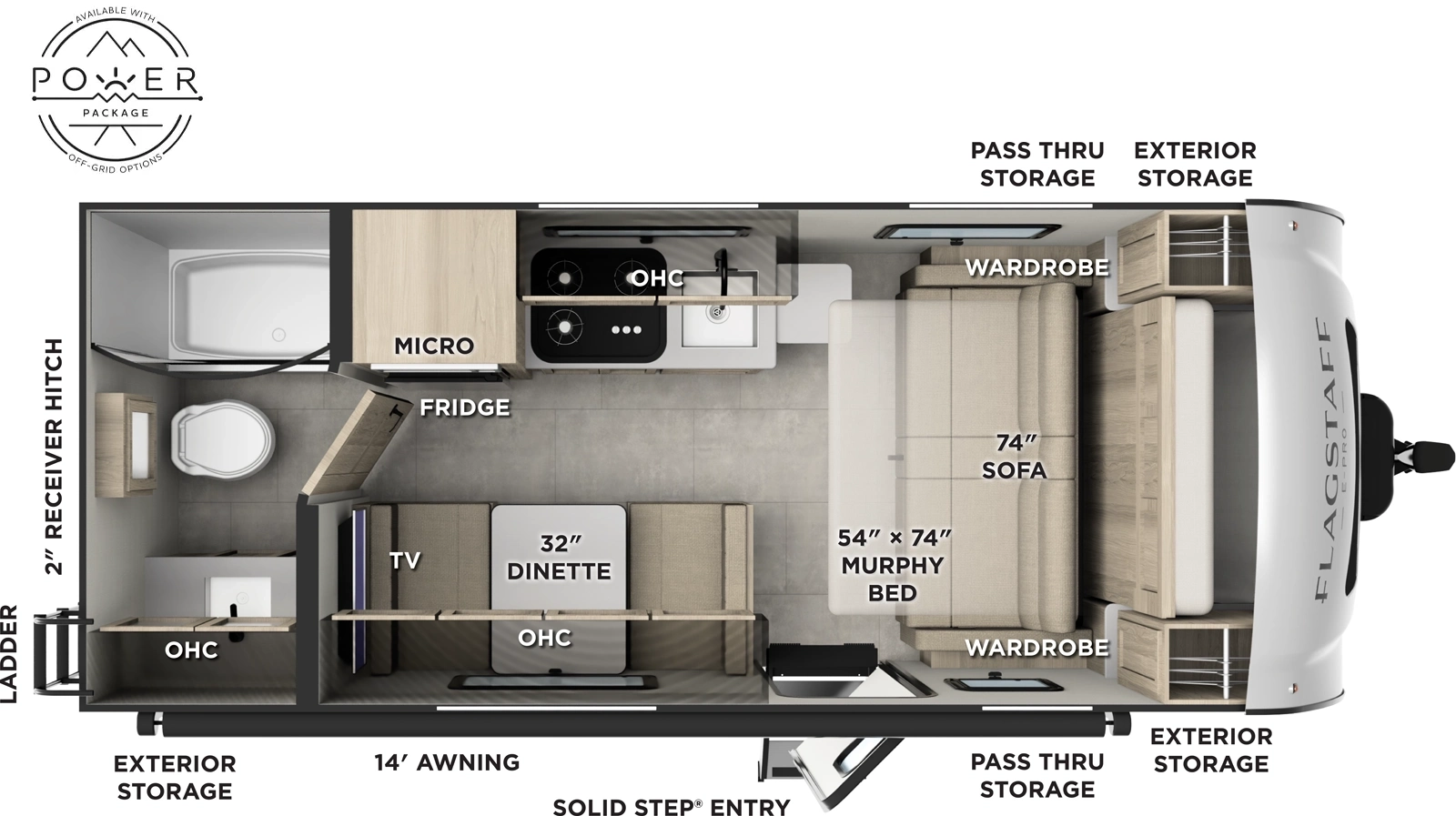 The Flagstaff E-Pro E19FD floorplan has one entry and zero slide outs. Exterior features include: fiberglass exterior and 14' awning. Interiors features include: murphy bed and rear bathroom.